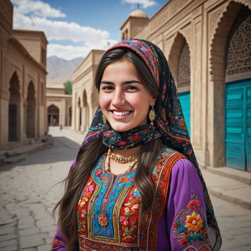 a young Tajik woman in her mid-20s. She has long, dark hair and a bright smile. Her outfit reflects traditional Tajik fashion: she is wearing a colorful, intricately embroidered dress paired with traditional jewelry and a matching headscarf. The background features a picturesque Tajik street with historic buildings and a vibrant atmosphere, capturing the essence of Tajik culture and style.