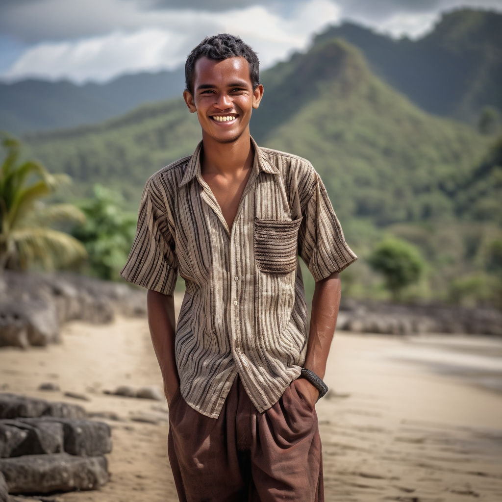 a young East Timorese man in his mid-20s from East Timor. He has short, dark hair and a warm smile. His outfit reflects traditional East Timorese fashion: he is wearing a tais, a traditional woven cloth, as a shirt paired with comfortable trousers and sandals. The background features a picturesque East Timorese village with traditional huts and lush greenery, capturing the essence of East Timorese culture and style.