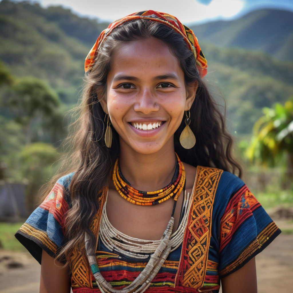 a young East Timorese woman in her mid-20s from East Timor. She has long, dark hair and a bright smile. Her outfit reflects traditional East Timorese fashion: she is wearing a tais, a traditional woven cloth, as a dress paired with traditional jewelry. The background features a picturesque East Timorese village with traditional huts and lush greenery, capturing the essence of East Timorese culture and style.