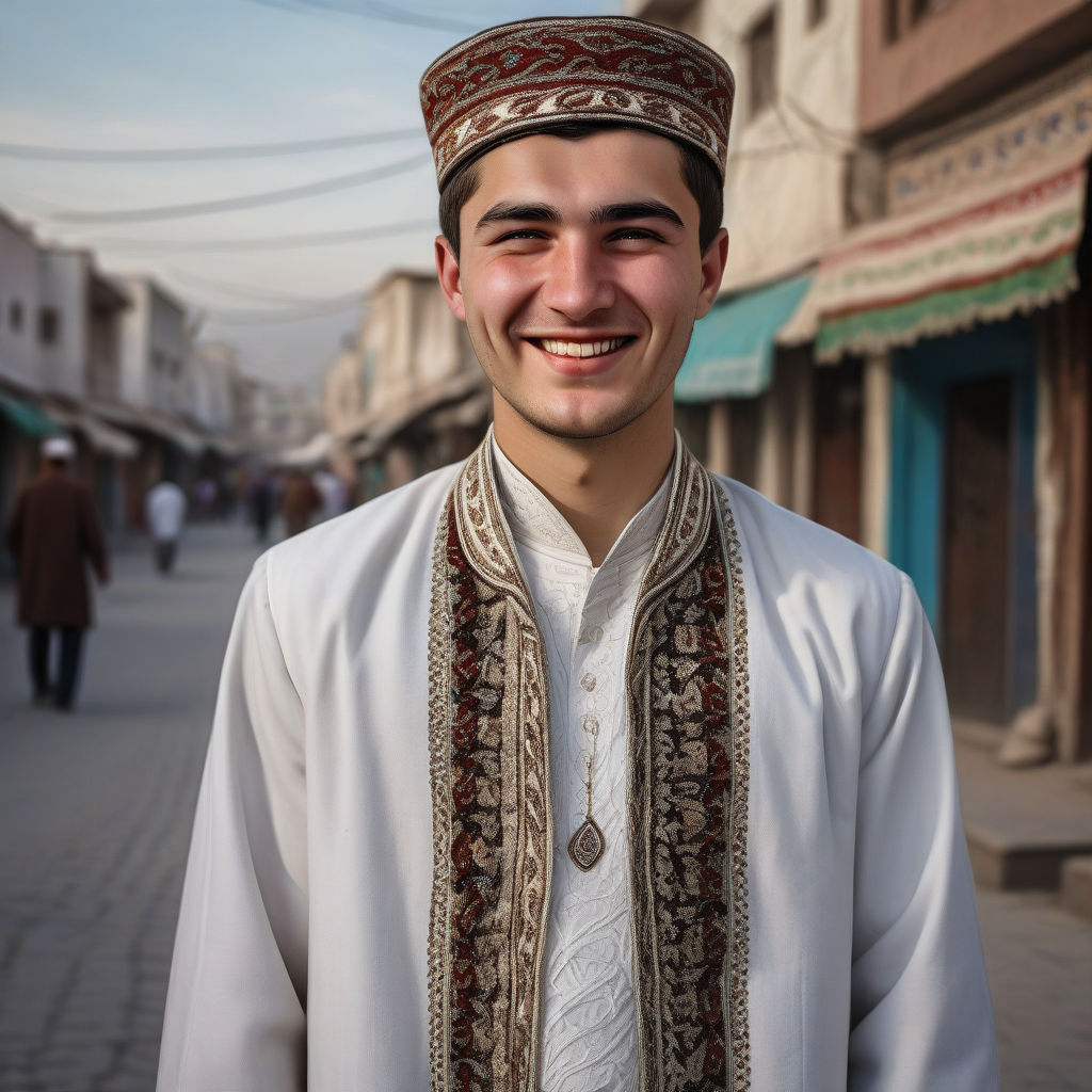 a young Turkmen man in his mid-20s. He has short, dark hair and a friendly smile. His outfit reflects traditional Turkmen fashion: he is wearing a long, embroidered coat called a chapan over a white shirt, paired with traditional trousers and a telpek hat. The background features a picturesque Turkmen street with historic buildings and a vibrant atmosphere, capturing the essence of Turkmen culture and style.