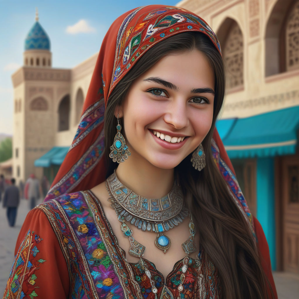 a young Turkmen woman in her mid-20s. She has long, dark hair and a bright smile. Her outfit reflects traditional Turkmen fashion: she is wearing a colorful, intricately embroidered dress paired with traditional jewelry and a headscarf. The background features a picturesque Turkmen street with historic buildings and a vibrant atmosphere, capturing the essence of Turkmen culture and style.