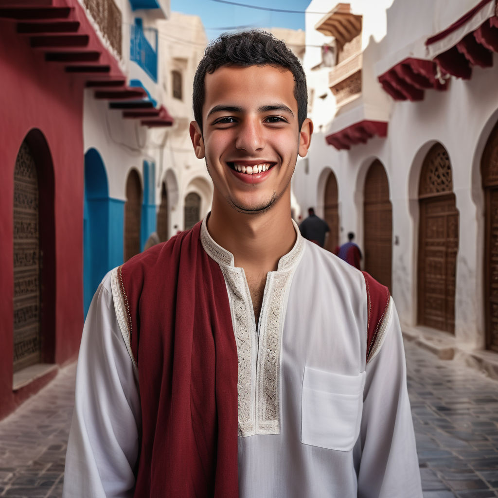 a young Tunisian man in his mid-20s. He has short, dark hair and a warm smile. His outfit reflects traditional Tunisian fashion: he is wearing a white jebba paired with a red chechia. The background features a bustling Tunisian street with traditional architecture and a lively atmosphere, capturing the essence of Tunisian culture and style.