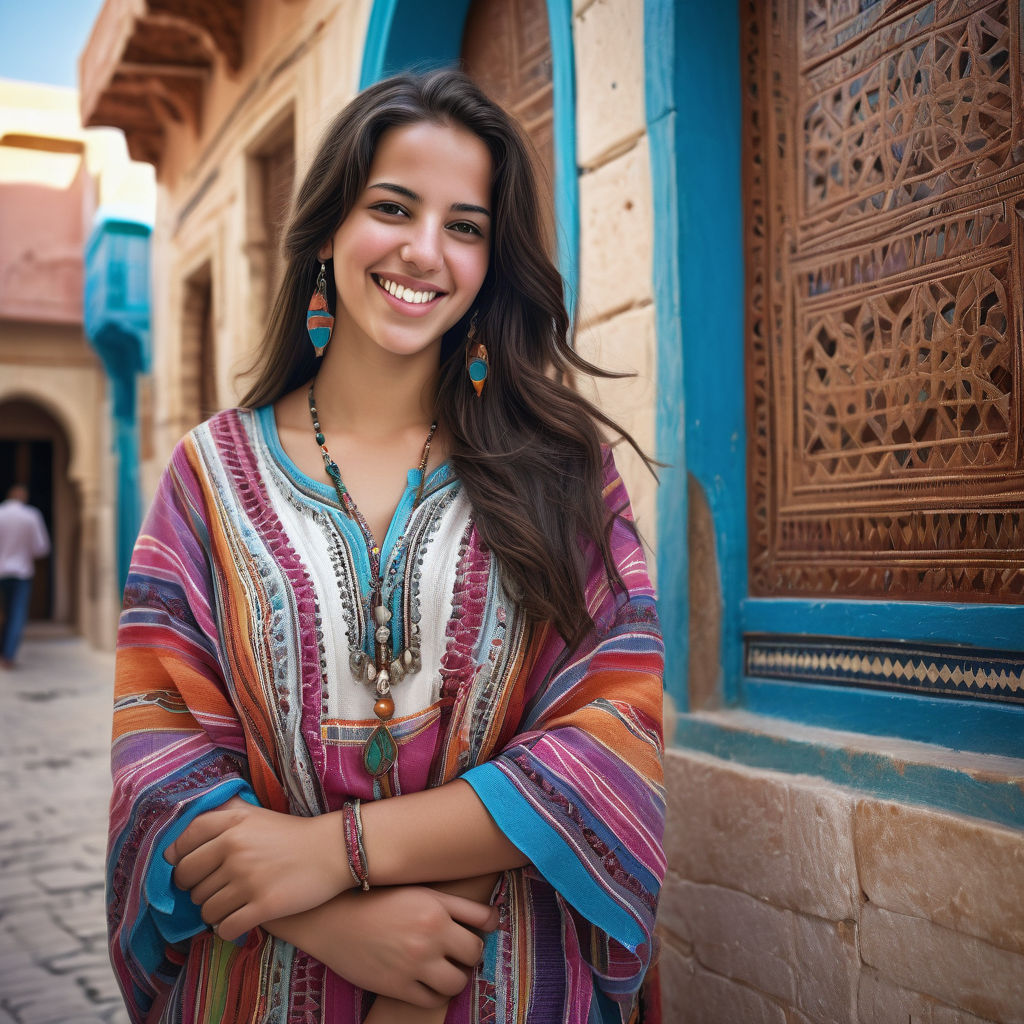 a young Tunisian woman in her mid-20s. She has long, dark hair and a bright smile. Her outfit reflects traditional Tunisian fashion: she is wearing a colorful fouta and blouse with intricate patterns, paired with traditional jewelry. The background features a bustling Tunisian street with traditional architecture and a lively atmosphere, capturing the essence of Tunisian culture and style.