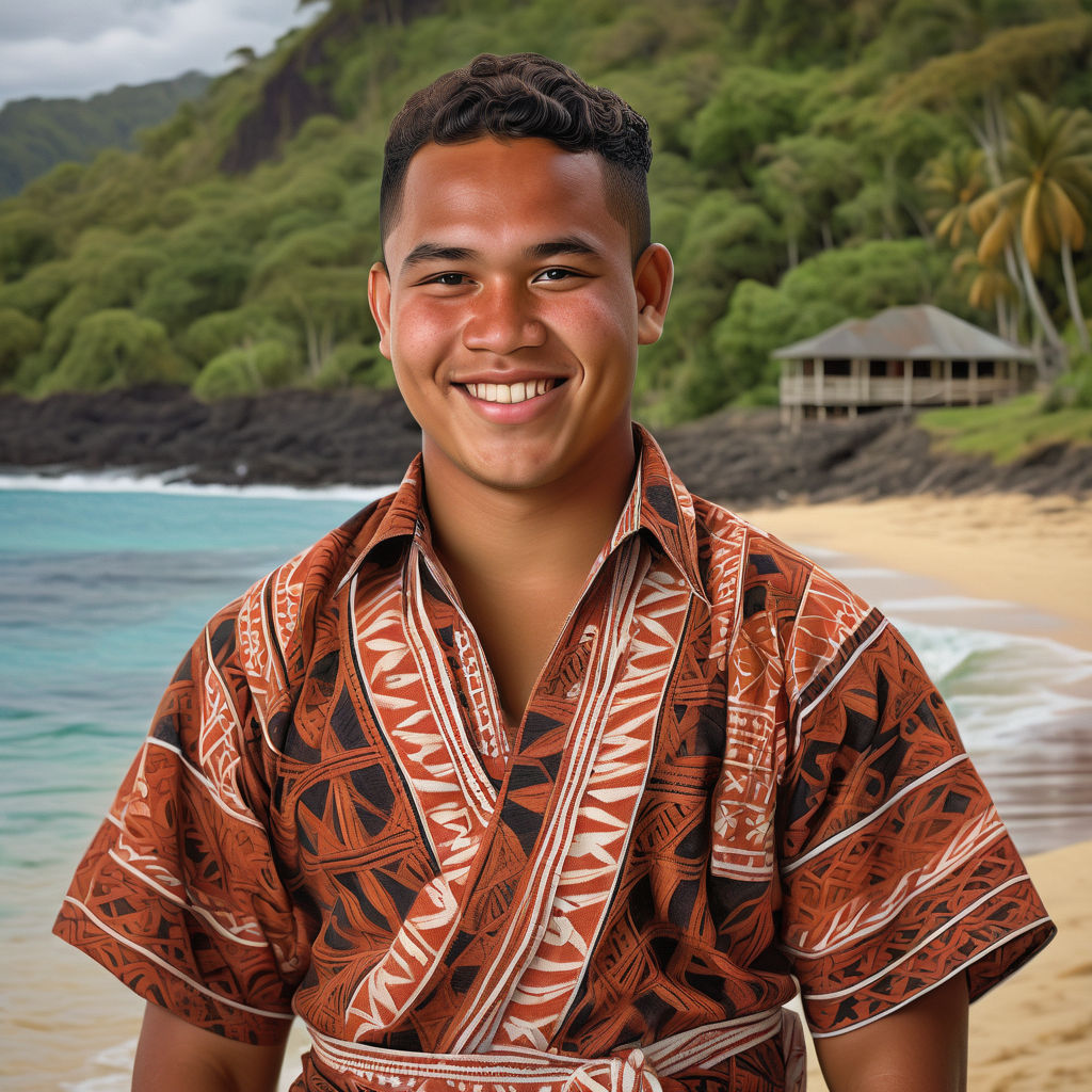 a young Tongan man in his mid-20s from Tonga. He has short, wavy black hair and a bright, friendly smile. His outfit reflects traditional Tongan fashion: wearing a ta'ovala (woven mat) over a tupenu (wrap skirt), paired with a simple, patterned shirt. The background features a picturesque Tongan beach with clear blue waters and lush palm trees, capturing the essence of Tongan culture and style.