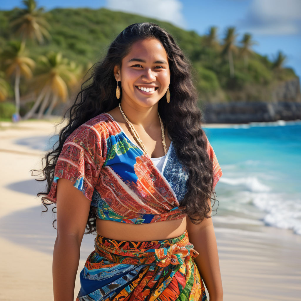 a young Tongan woman in her mid-20s from Tonga. She has long, wavy black hair and a warm, radiant smile. Her outfit reflects traditional Tongan fashion: wearing a colorful, patterned puletaha (matching top and wrap skirt), paired with simple jewelry. The background features a beautiful Tongan beach with clear blue waters and lush palm trees, capturing the essence of Tongan culture and style.