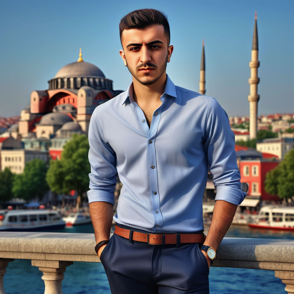 a young Turkish man in his mid-20s. He has short, well-groomed hair and is dressed in modern Turkish fashion. He wears a stylish shirt paired with slim-fit trousers or jeans. Accessories include a watch and possibly a leather bracelet. The background depicts a vibrant urban setting in Istanbul, with elements of Turkish architecture and bustling city life, reflecting Turkish culture and fashion.