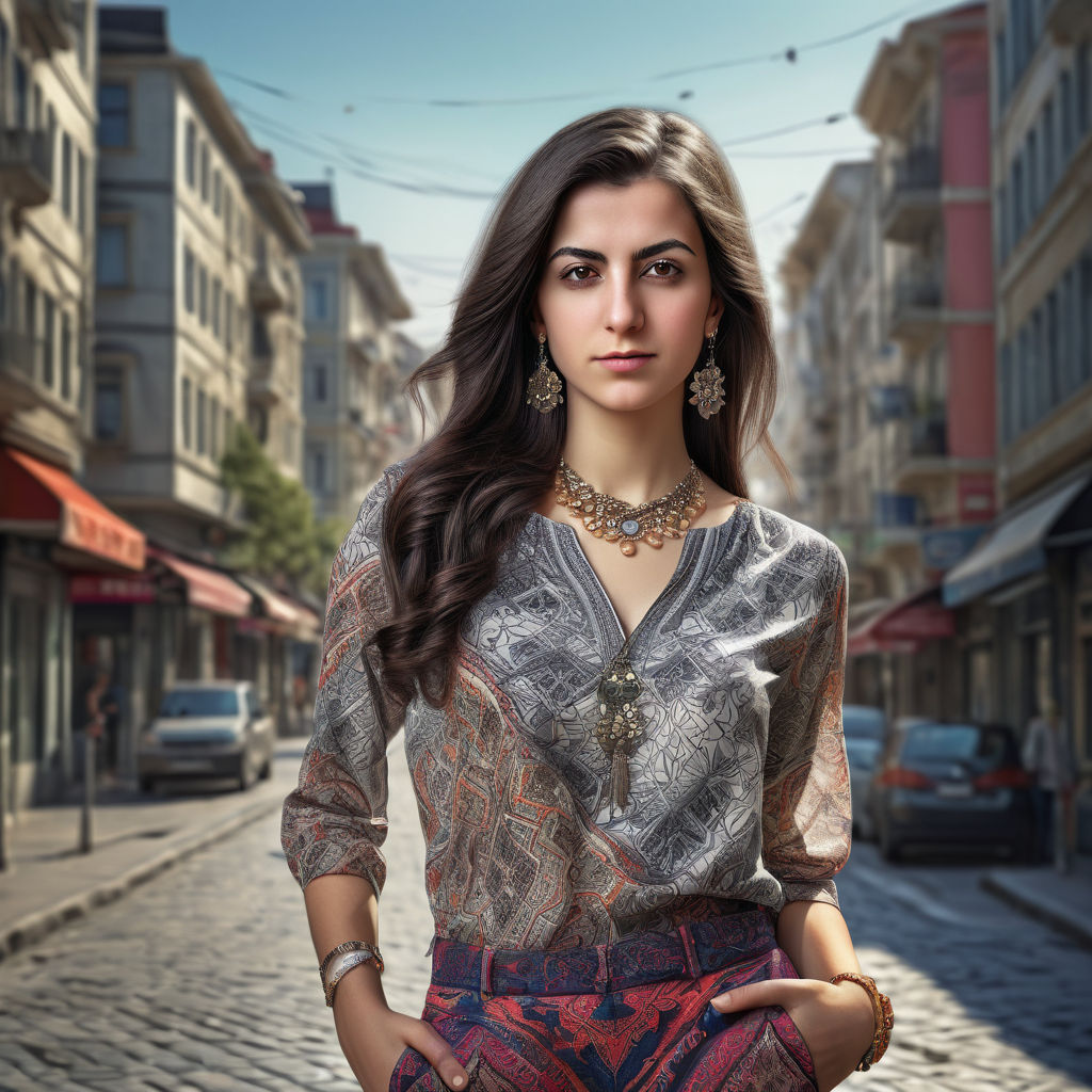 a young Turkish woman in her mid-20s. She has long, dark hair, styled elegantly. She is dressed in modern Turkish fashion, wearing a chic blouse with intricate patterns and a pair of stylish trousers or a skirt. Accessories include a delicate necklace and earrings. The background depicts a vibrant urban setting in Istanbul, with elements of Turkish architecture and bustling city life, reflecting Turkish culture and fashion.