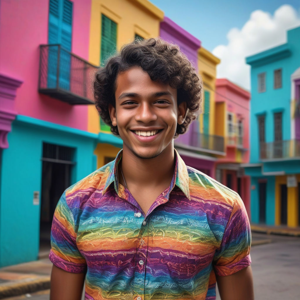 a young Trinidadian man in his mid-20s from Trinidad and Tobago. He has short, curly black hair and a warm smile. His outfit reflects modern Trinidadian fashion: he is wearing a colorful, fitted shirt. The background features a lively Trinidadian street with vibrant buildings and a festive atmosphere, capturing the essence of Trinidadian culture and style.