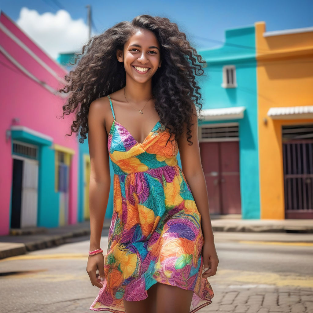 a young Trinidadian woman in her mid-20s from Trinidad and Tobago. She has long, curly black hair and a bright smile. Her outfit reflects modern Trinidadian fashion: she is wearing a colorful, fitted sundress paired with stylish sandals. The background features a lively Trinidadian street with vibrant buildings and a festive atmosphere, capturing the essence of Trinidadian culture and style.