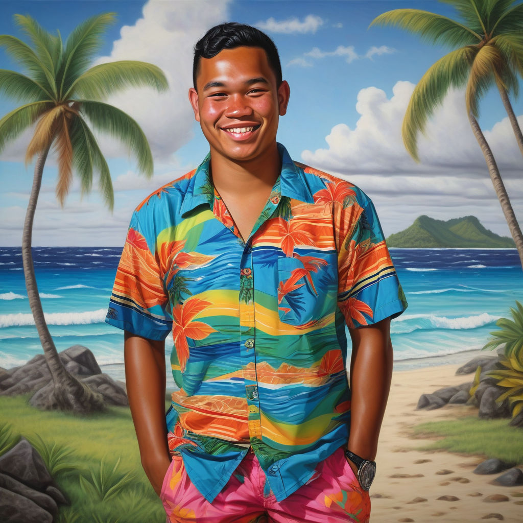 a young Tuvaluan man in his mid-20s from Tuvalu. He has short, wavy black hair and a bright, friendly smile. His outfit reflects traditional Tuvaluan fashion: he is wearing a brightly colored, tropical shirt with island patterns, paired with casual shorts and flip-flops. The background features a picturesque Tuvaluan beach with clear blue waters and lush palm trees, capturing the essence of Tuvaluan culture and style.