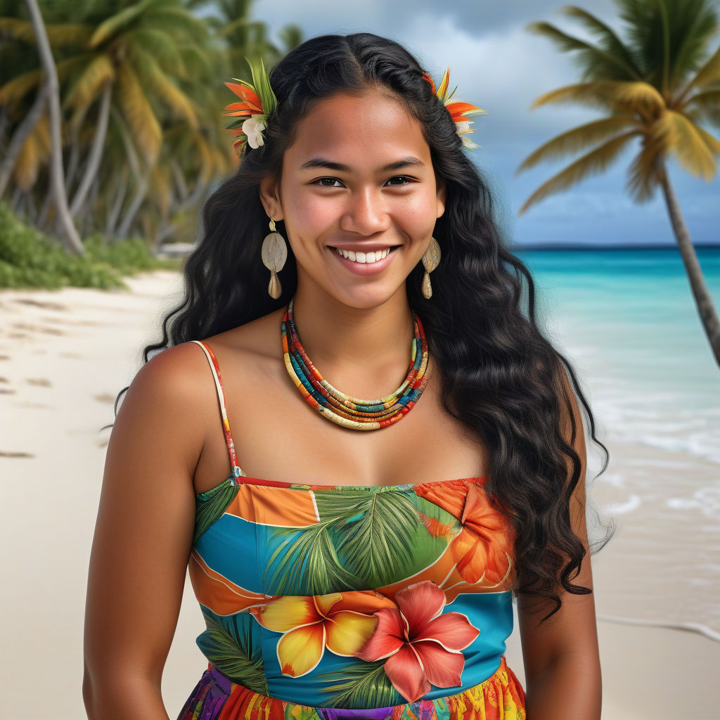 a young Tuvaluan woman in her mid-20s from Tuvalu. She has long, wavy black hair and a warm, radiant smile. Her outfit reflects traditional Tuvaluan fashion: she is wearing a colorful, tropical dress with island patterns, paired with simple jewelry and sandals. The background features a beautiful Tuvaluan beach with clear blue waters and lush palm trees, capturing the essence of Tuvaluan culture and style.