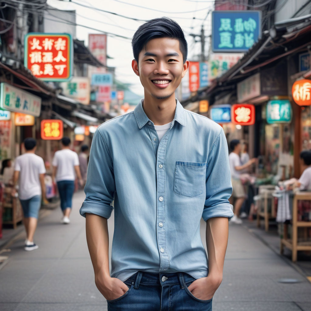 a young Taiwanese man in his mid-20s. He has short, black hair and a friendly smile. His outfit reflects modern Taiwanese fashion: he is wearing a casual button-up shirt, slim-fit jeans, and stylish sneakers. The background features a bustling Taiwanese street with traditional shops and neon signs, capturing the vibrant and contemporary culture of Taiwan.