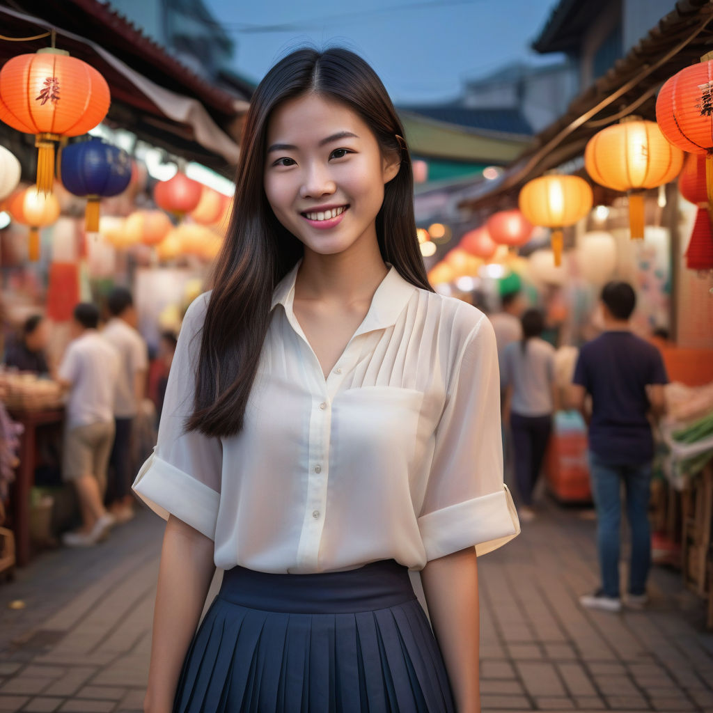 a young Taiwanese woman in her mid-20s. She has long, dark hair and a gentle smile. Her outfit reflects modern Taiwanese fashion: she is wearing a stylish blouse, a pleated skirt, and fashionable flats. The background features a vibrant Taiwanese street with traditional lanterns and bustling night market stalls, capturing the lively and contemporary culture of Taiwan.