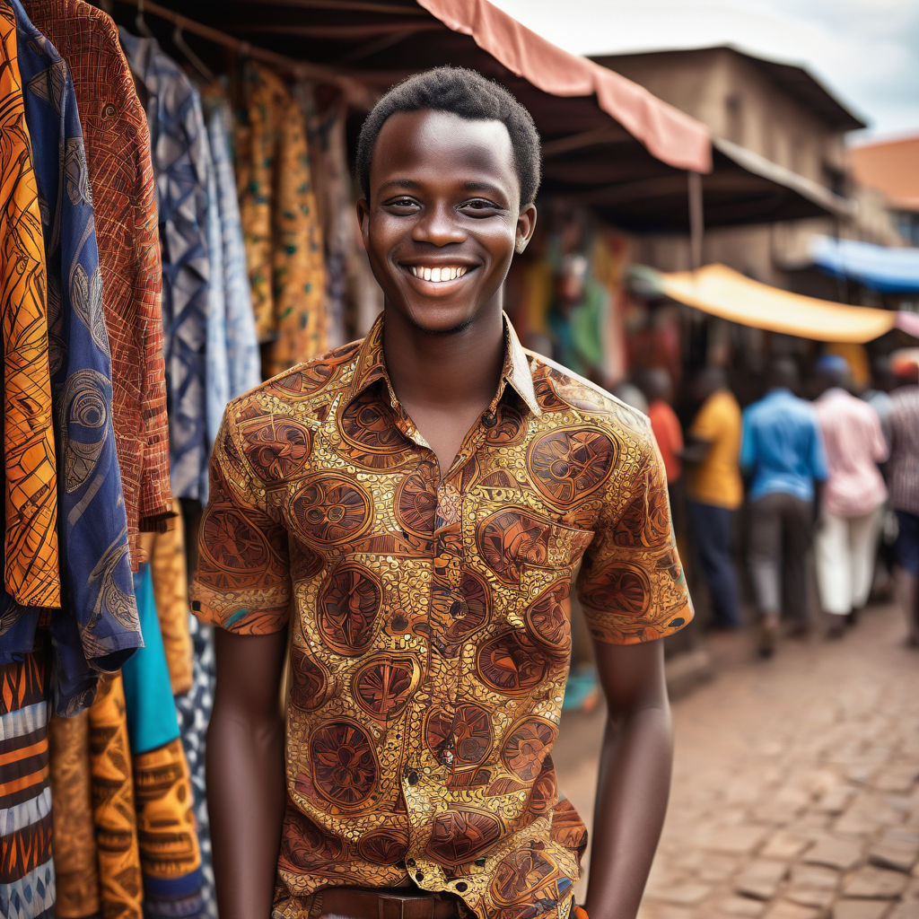 a young Tanzanian man in his mid-20s. He has short, curly black hair and a warm smile. His outfit reflects modern Tanzanian fashion: he is wearing a traditional kitenge shirt with vibrant patterns, paired with casual trousers and leather sandals. The background features a lively Tanzanian street with bustling markets and traditional architecture, capturing the essence of Tanzanian culture and style.