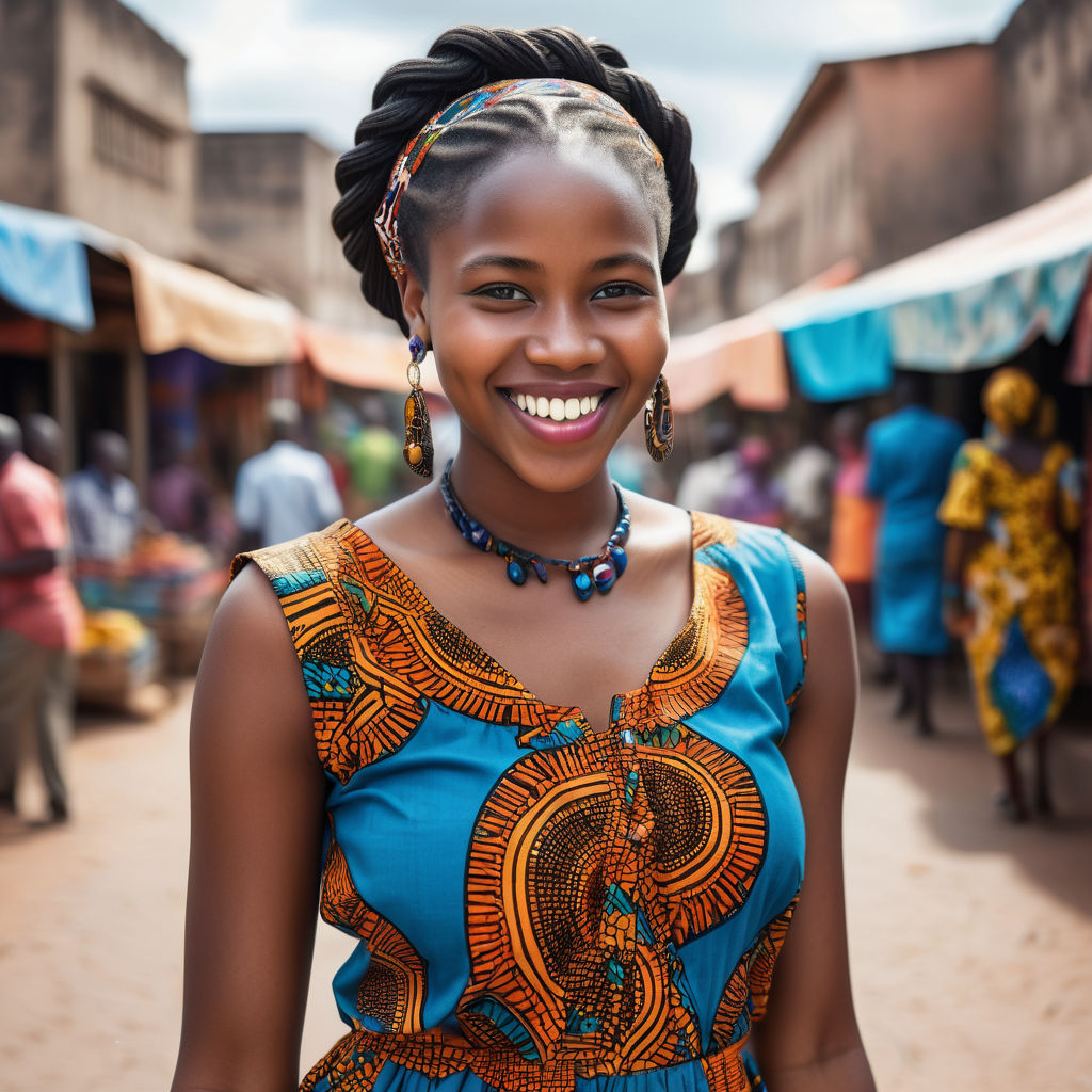 a young Tanzanian woman in her mid-20s. She has long, braided black hair and a bright smile. Her outfit reflects modern Tanzanian fashion: she is wearing a traditional kitenge dress with vibrant patterns, paired with traditional jewelry. The background features a lively Tanzanian street with bustling markets and traditional architecture, capturing the essence of Tanzanian culture and style.