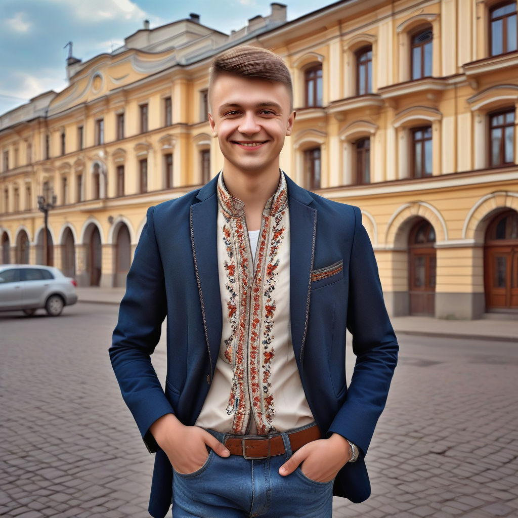 a young Ukrainian man in his mid-20s. He has short, light brown hair and a friendly smile. His outfit reflects modern Ukrainian fashion: he is wearing a traditional embroidered shirt (vyshyvanka) under a stylish blazer, paired with fitted jeans and casual shoes. The background features a picturesque Ukrainian street with historic architecture and a vibrant atmosphere, capturing the essence of Ukrainian culture and style.