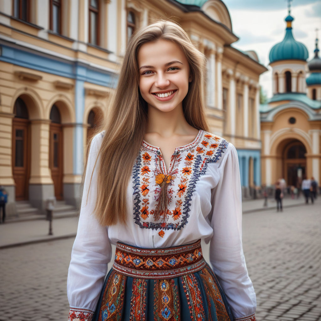 a young Ukrainian woman in her mid-20s. She has long, light brown hair and a bright smile. Her outfit reflects modern Ukrainian fashion: she is wearing a traditional embroidered blouse (vyshyvanka) paired with a stylish skirt and boots. The background features a charming Ukrainian street with historic architecture and a vibrant atmosphere, capturing the essence of Ukrainian culture and style.