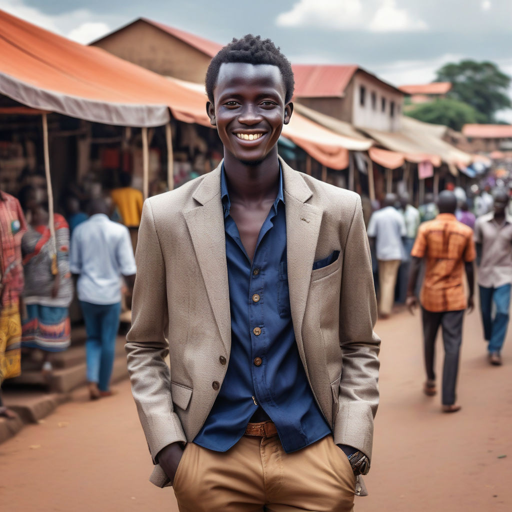 a young Ugandan man in his mid-20s. He has short, curly black hair and a warm smile. His outfit reflects modern Ugandan fashion: he is wearing a traditional kanzu paired with a stylish blazer and leather sandals. The background features a lively Ugandan street with bustling markets and traditional architecture, capturing the essence of Ugandan culture and style.