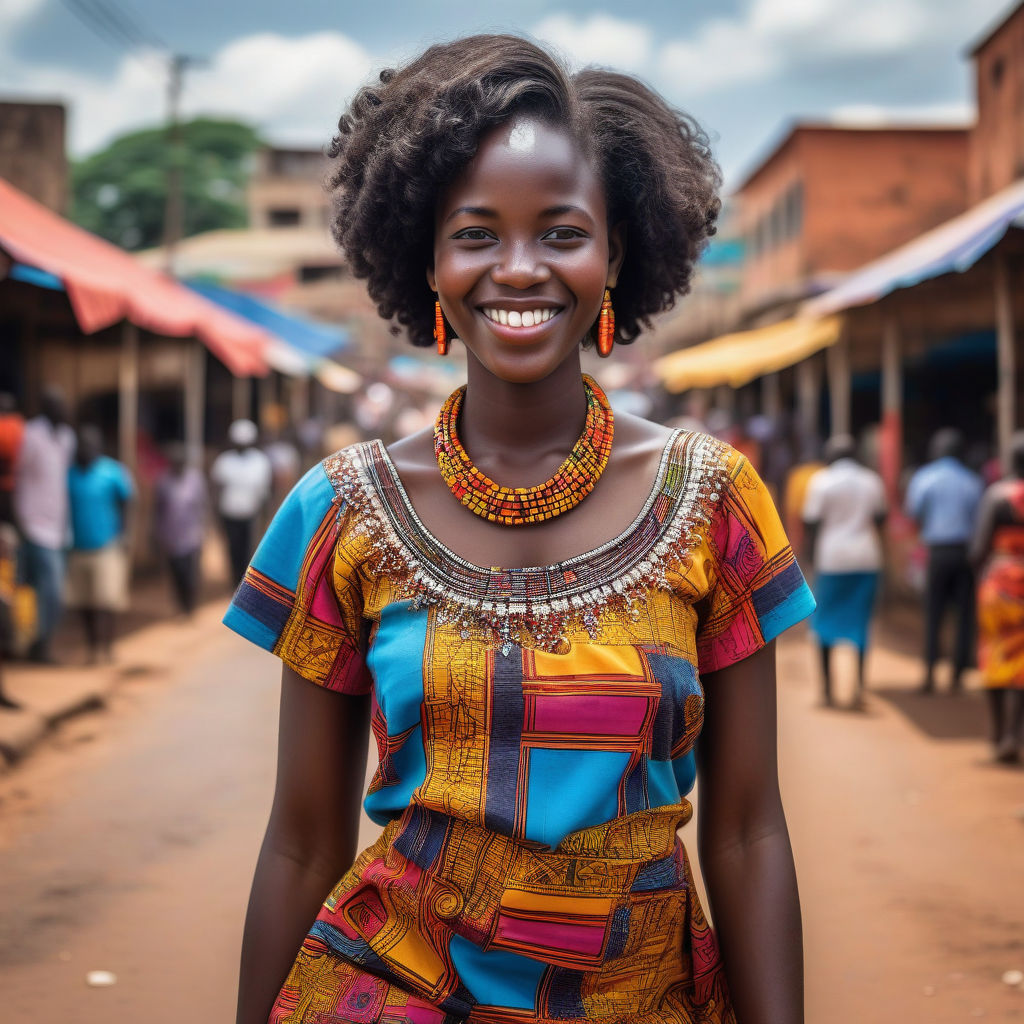 a young Ugandan woman in her mid-20s. She has short, curly black hair and a bright smile. Her outfit reflects modern Ugandan fashion: she is wearing a traditional gomesi with vibrant colors and intricate patterns, paired with traditional jewelry. The background features a lively Ugandan street with bustling markets and traditional architecture, capturing the essence of Ugandan culture and style.