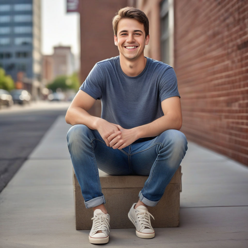 a young American man in his mid-20s. He has short, brown hair, a friendly smile, and is dressed casually in a T-shirt and jeans. He is wearing sneakers and has a relaxed, confident posture. The background features a modern urban setting, capturing the essence of contemporary American style and culture.