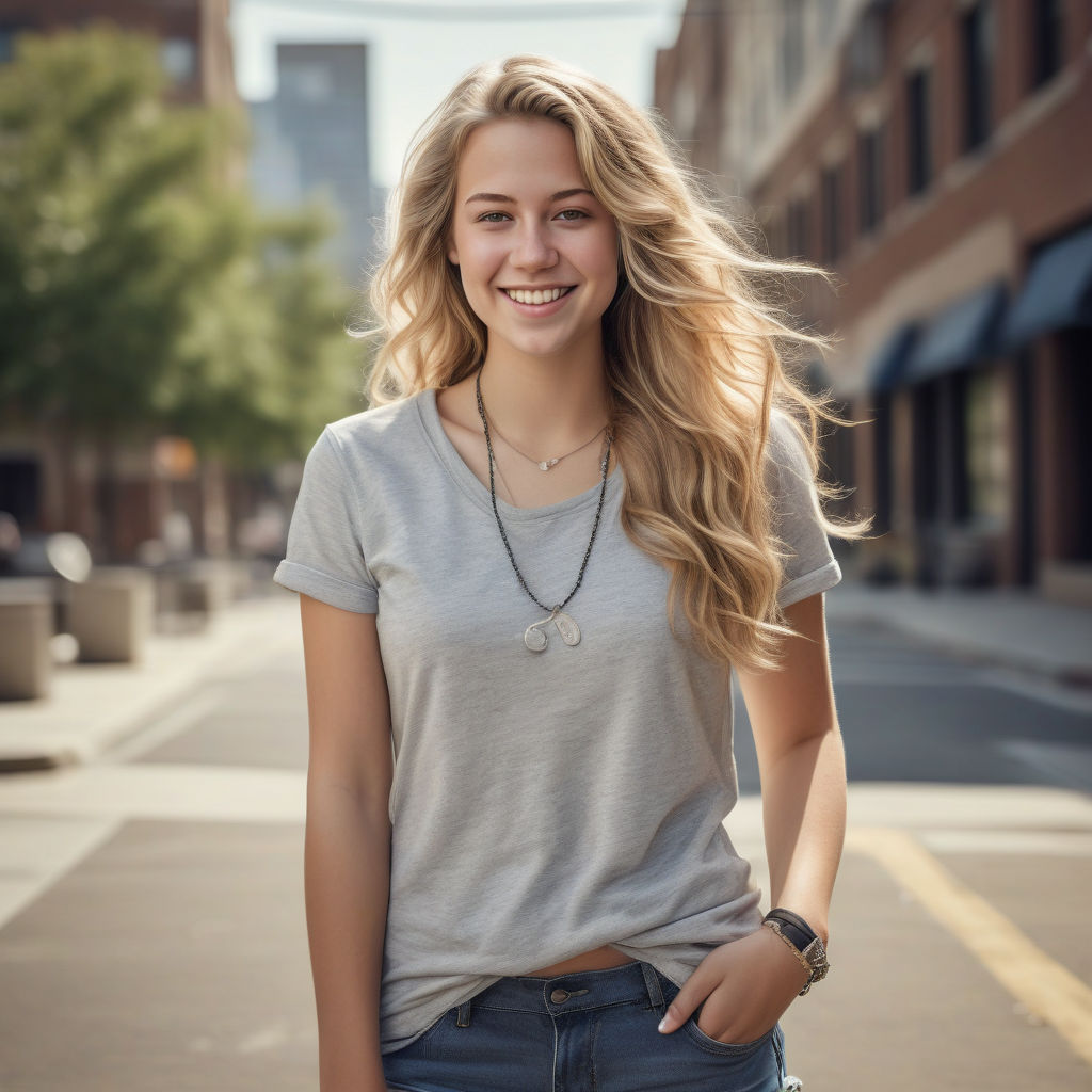 a young American woman in her mid-20s. She has long, wavy blonde hair, a warm smile, and is dressed in a casual yet stylish outfit consisting of a fitted T-shirt and denim shorts. She is wearing sneakers and accessorized with a simple necklace. The background features a modern urban setting, capturing the essence of contemporary American style and culture.