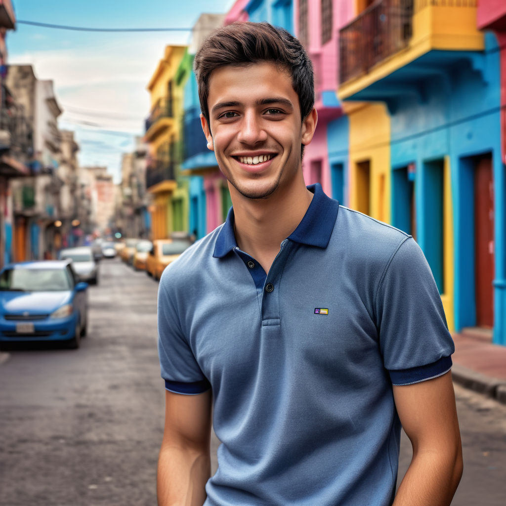 a young Uruguayan man in his mid-20s. He has short, dark hair and a friendly smile. His outfit reflects modern Uruguayan fashion: he is wearing a casual, fitted polo shirt paired with jeans and stylish sneakers. The background features a lively Uruguayan street with colorful buildings and a vibrant atmosphere, capturing the essence of Uruguayan culture and style.