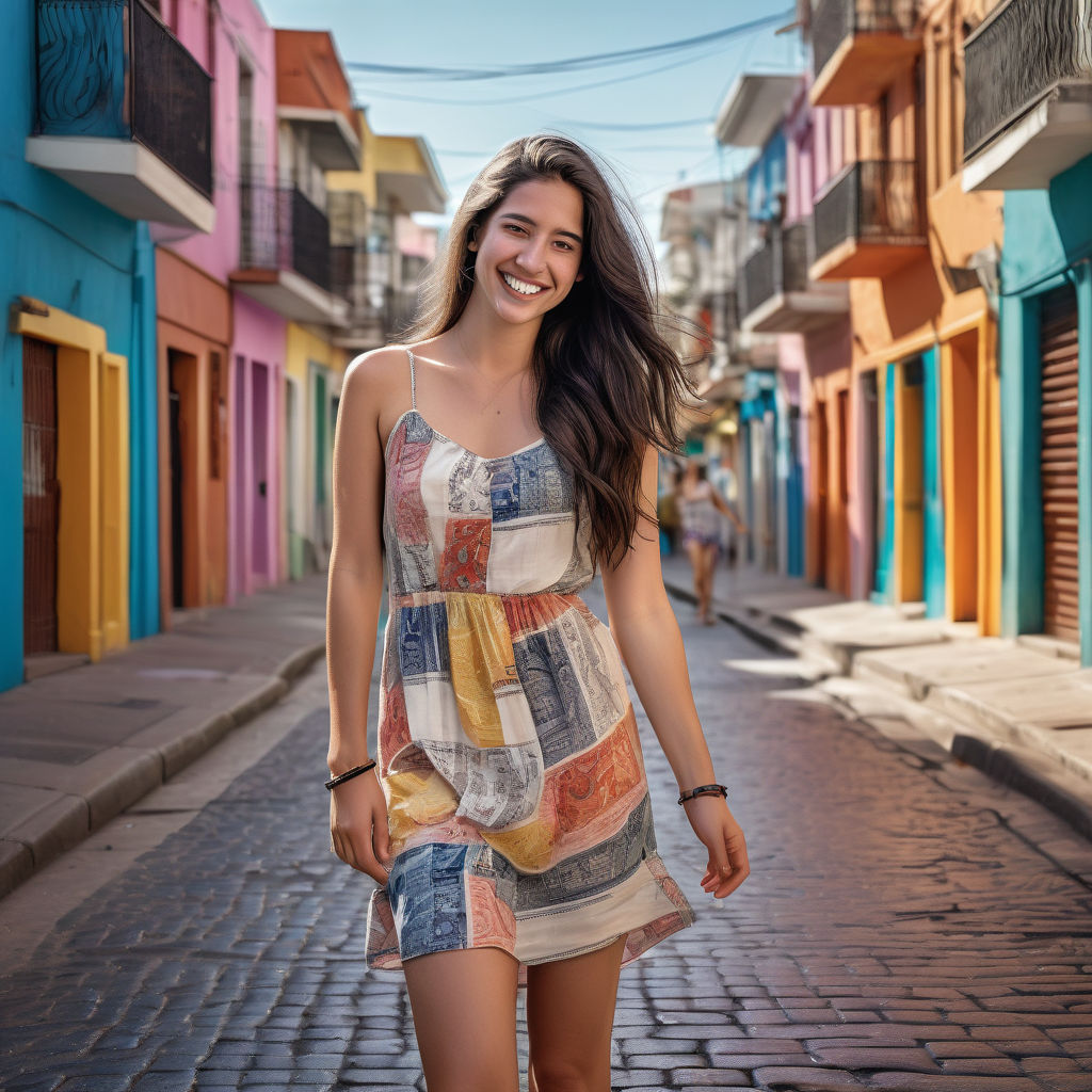 a young Uruguayan woman in her mid-20s. She has long, dark hair and a bright smile. Her outfit reflects modern Uruguayan fashion: she is wearing a stylish, fitted sundress paired with fashionable sandals. The background features a lively Uruguayan street with colorful buildings and a vibrant atmosphere, capturing the essence of Uruguayan culture and style.