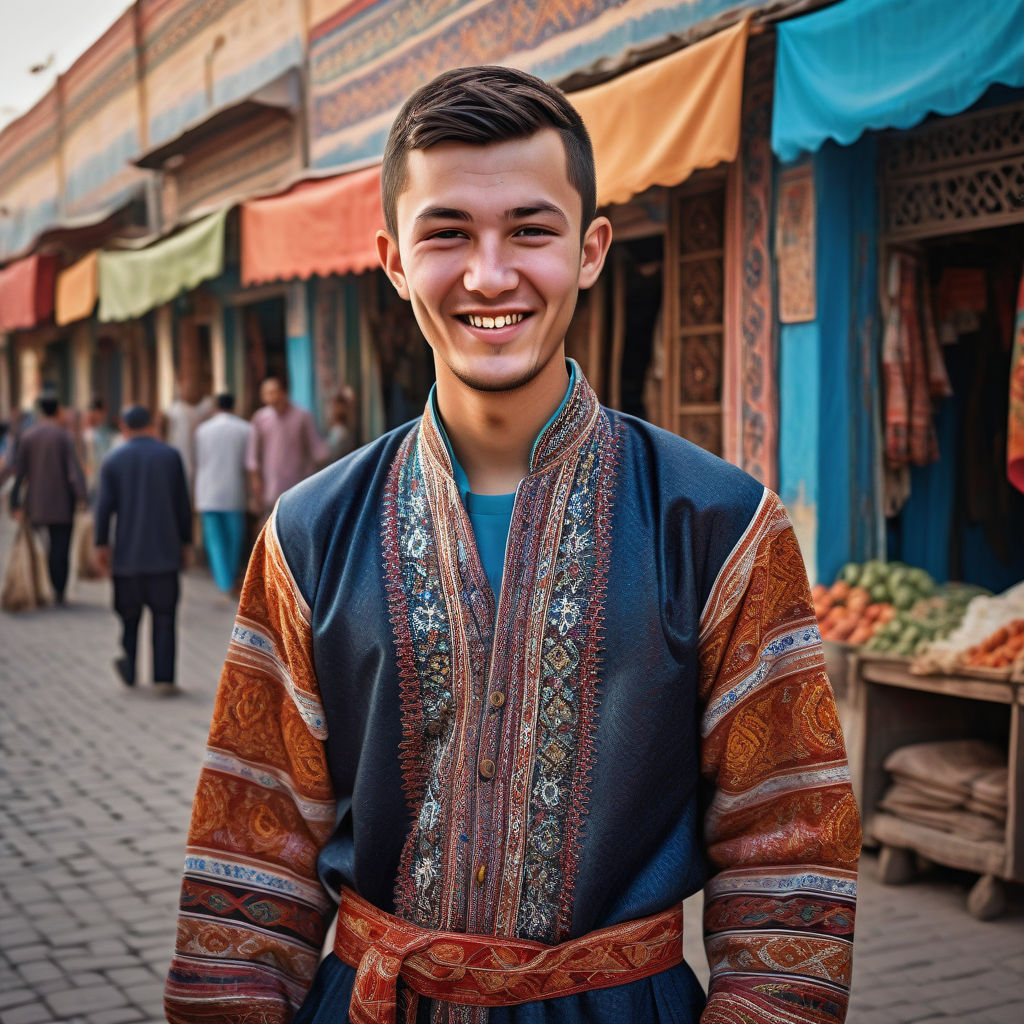 a young Uzbek man in his mid-20s. He has short, dark hair and a warm smile. His outfit reflects modern Uzbek fashion: he is wearing a traditional chapan (robe) with intricate patterns, paired with a simple shirt and trousers. The background features a lively Uzbek street with vibrant markets and traditional architecture, capturing the essence of Uzbek culture and style.