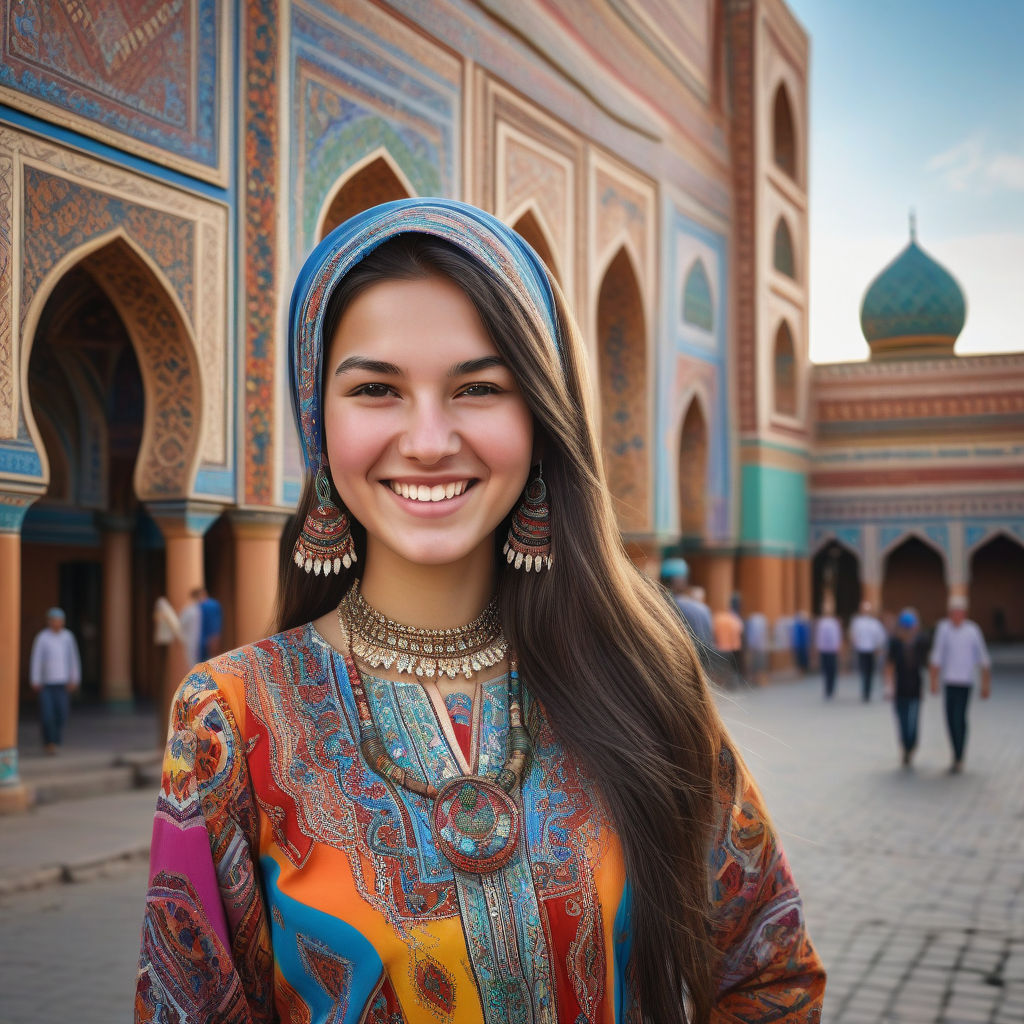 a young Uzbek woman in her mid-20s. She has long, dark hair and a bright smile. Her outfit reflects modern Uzbek fashion: she is wearing a traditional colorful atlas dress with intricate patterns, paired with a matching headscarf and traditional jewelry. The background features a lively Uzbek street with vibrant markets and traditional architecture, capturing the essence of Uzbek culture and style.