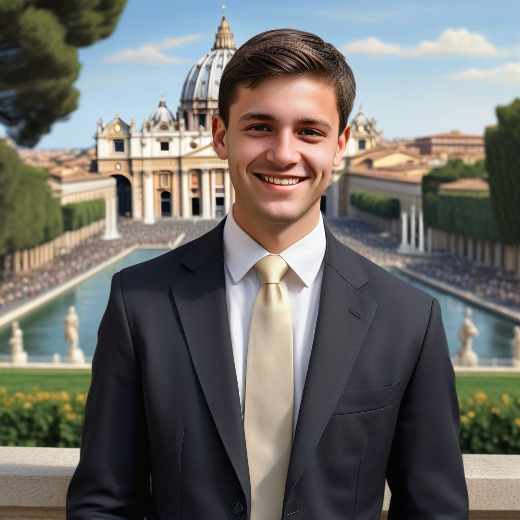 a young Vatican man in his mid-20s from Vatican City. He has short, dark hair and a warm, friendly smile. His outfit reflects traditional Vatican fashion: he is wearing a smart, tailored suit with a crisp white shirt and a conservative tie. The background features a picturesque view of St. Peter's Basilica and the Vatican Gardens, capturing the essence of Vatican culture and style.