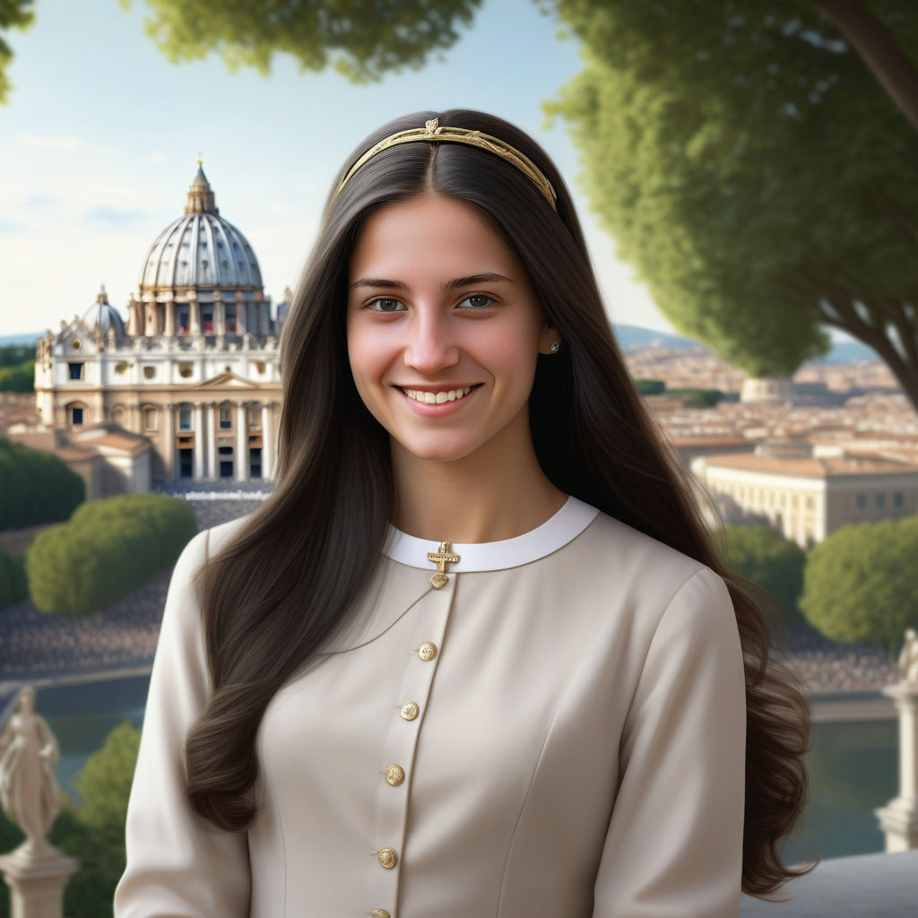 a young Vatican woman in her mid-20s from Vatican City. She has long, dark hair and a warm, friendly smile. Her outfit reflects traditional Vatican fashion: she is wearing a modest, elegant dress with conservative lines, paired with simple jewelry. The background features a picturesque view of St. Peter's Basilica and the Vatican Gardens, capturing the essence of Vatican culture and style.