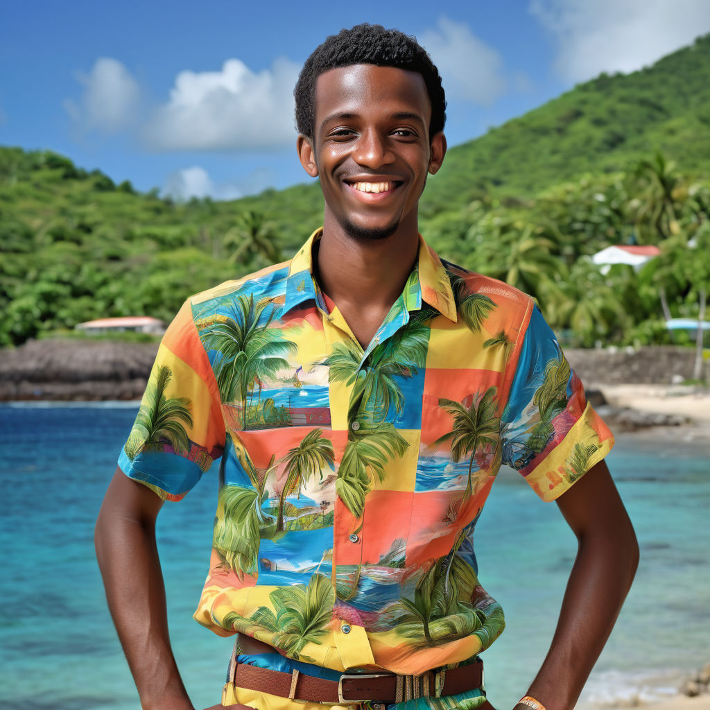 a young Vincentian man in his mid-20s from Saint Vincent and the Grenadines. He has short, curly black hair and a bright, friendly smile. His outfit reflects traditional Vincentian fashion: he is wearing a colorful, tropical shirt with island patterns, paired with casual shorts and flip-flops. The background features a picturesque Vincentian beach with clear blue waters and lush palm trees, capturing the essence of Vincentian culture and style.