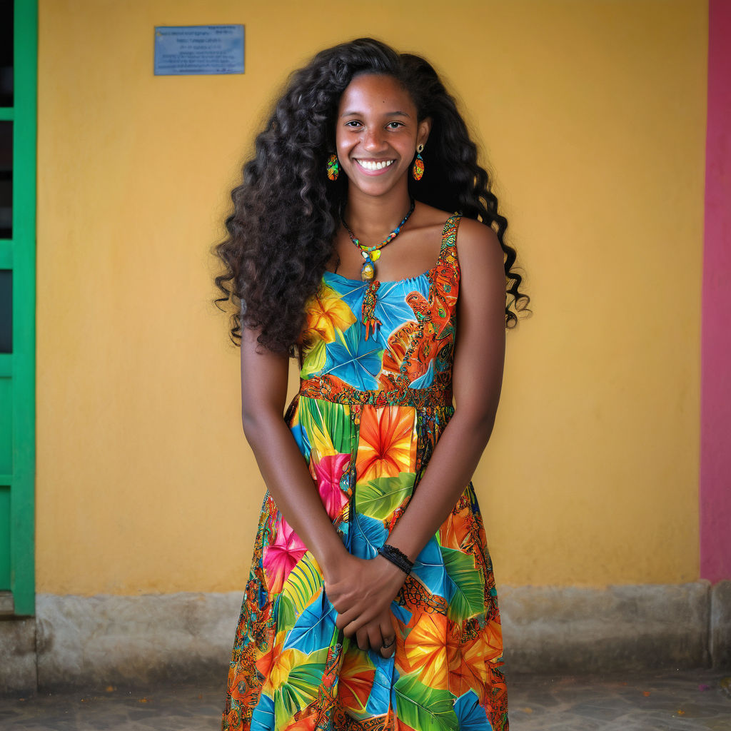 a young Vincentian woman in her mid-20s from Saint Vincent and the Grenadines. She has long, curly black hair and a warm, bright smile. Her outfit reflects traditional Vincentian fashion: she is wearing a colorful, tropical dress with vibrant patterns, paired with simple jewelry and sandals. The background features a beautiful Vincentian beach with clear blue waters and lush palm trees, capturing the essence of Vincentian culture and style.