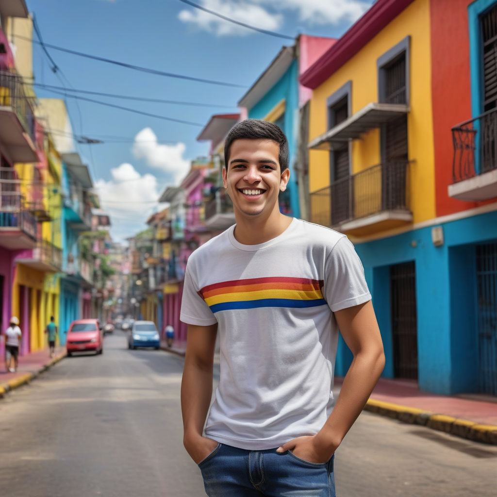 a young Venezuelan man in his mid-20s. He has short, dark hair and a friendly smile. His outfit reflects modern Venezuelan fashion: he is wearing a casual, fitted t-shirt paired with jeans and sneakers. The background features a vibrant Venezuelan street with colorful buildings and a lively atmosphere, capturing the essence of Venezuelan culture and style.