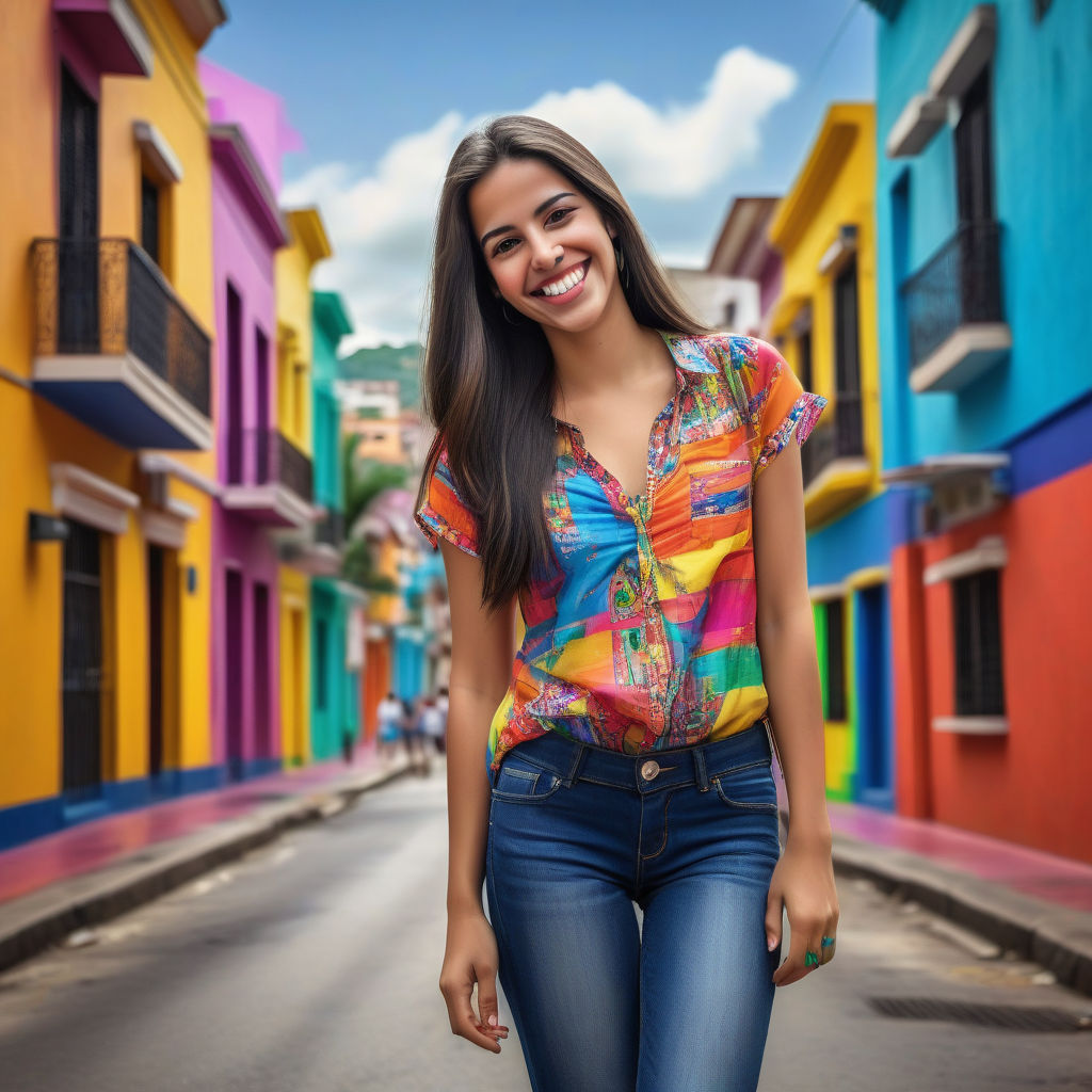 a young Venezuelan woman in her mid-20s. She has long, dark hair and a bright smile. Her outfit reflects modern Venezuelan fashion: she is wearing a colorful, fitted blouse paired with jeans and stylish sandals. The background features a vibrant Venezuelan street with colorful buildings and a lively atmosphere, capturing the essence of Venezuelan culture and style.