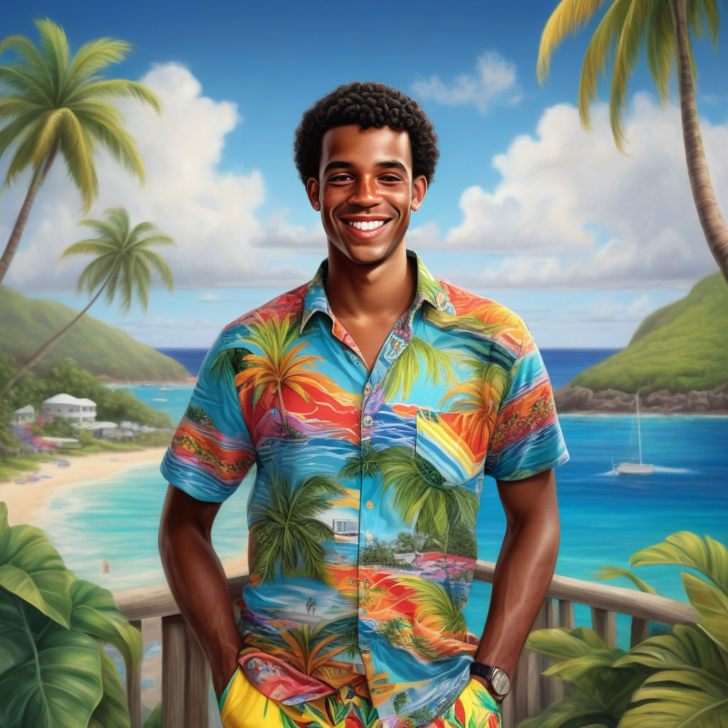 a young British Virgin Islander man in his mid-20s from the British Virgin Islands. He has short, curly black hair and a bright, friendly smile. His outfit reflects traditional British Virgin Islands fashion: he is wearing a colorful, tropical shirt with island patterns, paired with casual shorts and flip-flops. The background features a picturesque British Virgin Islands beach with clear blue waters and lush palm trees, capturing the essence of British Virgin Islands culture and style.