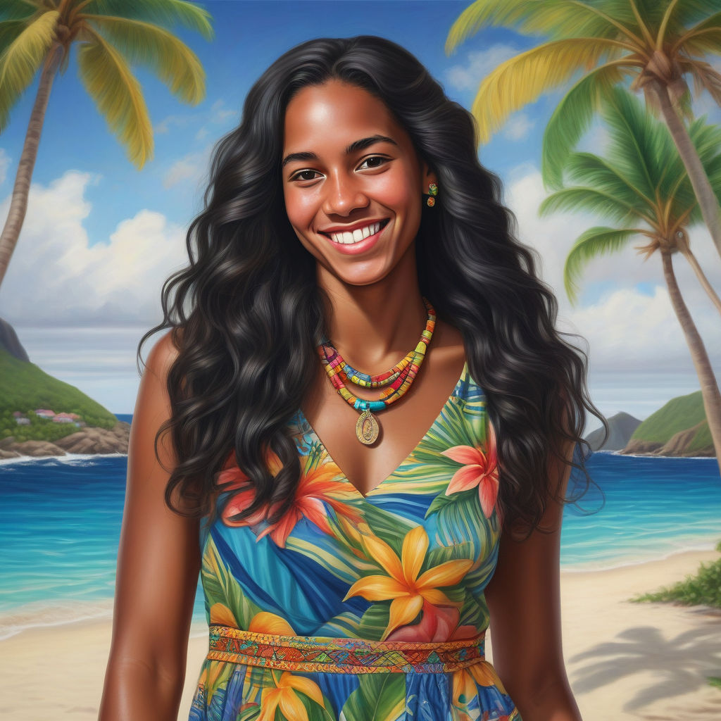 a young British Virgin Islander woman in her mid-20s from the British Virgin Islands. She has long, wavy black hair and a warm, radiant smile. Her outfit reflects traditional British Virgin Islands fashion: she is wearing a colorful, tropical dress with island patterns, paired with simple jewelry and sandals. The background features a beautiful British Virgin Islands beach with clear blue waters and lush palm trees, capturing the essence of British Virgin Islands culture and style.