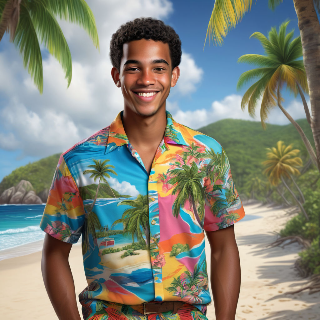 a young Virgin Islander man in his mid-20s from the U.S. Virgin Islands. He has short, curly black hair and a friendly, relaxed smile. His outfit reflects traditional Virgin Islands fashion: he is wearing a colorful, tropical shirt with island patterns, paired with casual shorts and flip-flops. The background features a beautiful Virgin Islands beach with clear blue waters and lush palm trees, capturing the essence of Virgin Islands culture and style.