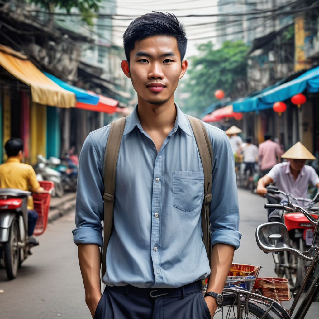 a young Vietnamese man in his mid-20s. He has short, black hair and a friendly expression. He is dressed in modern Vietnamese fashion, wearing a casual yet stylish outfit that includes a fitted shirt and tailored trousers. The background features a vibrant street scene in Hanoi, with traditional Vietnamese elements such as street vendors and bicycles, reflecting Vietnamese culture and fashion.