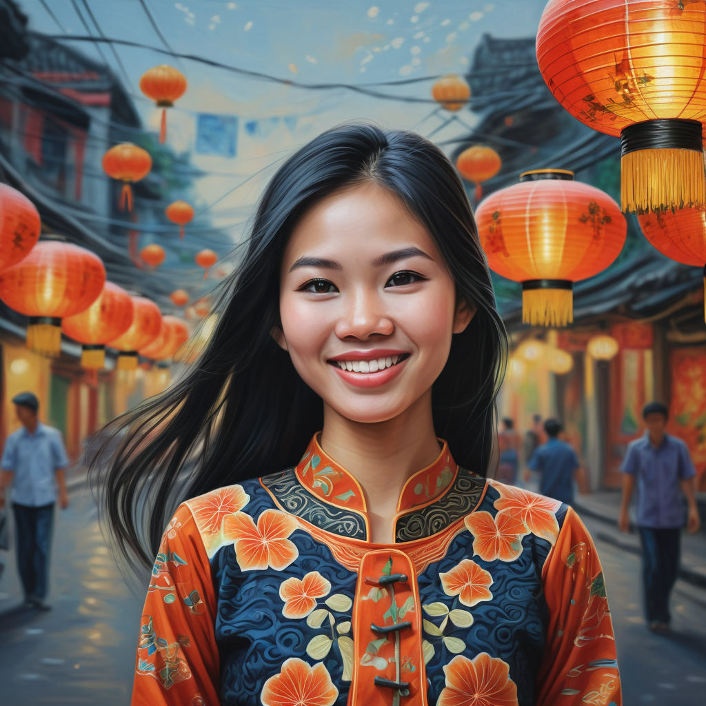 a young Vietnamese woman in her mid-20s. She has long, black hair and a warm smile. She is dressed in modern Vietnamese fashion, wearing a traditional áo dài with intricate patterns. The background features a bustling street scene in Hanoi, with elements such as lanterns and street vendors, reflecting Vietnamese culture and fashion.