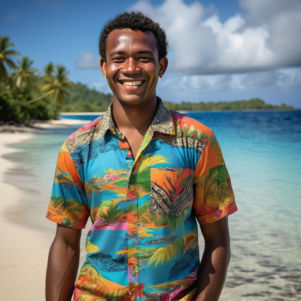 a young Ni-Vanuatu man in his mid-20s from Vanuatu. He has short, curly black hair and a bright, welcoming smile. His outfit reflects traditional Vanuatu fashion: he is wearing a colorful, tropical shirt with intricate patterns, paired with casual shorts and simple sandals. The background features a picturesque Vanuatu beach with clear blue waters and lush palm trees, capturing the essence of Vanuatu culture and style.