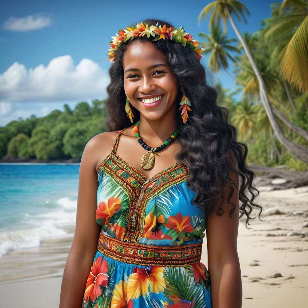 a young Ni-Vanuatu woman in her mid-20s from Vanuatu. She has long, wavy black hair and a radiant smile. Her outfit reflects traditional Vanuatu fashion: she is wearing a colorful, patterned dress with tropical designs, paired with simple jewelry and sandals. The background features a beautiful Vanuatu beach with clear blue waters and lush palm trees, capturing the essence of Vanuatu culture and style.