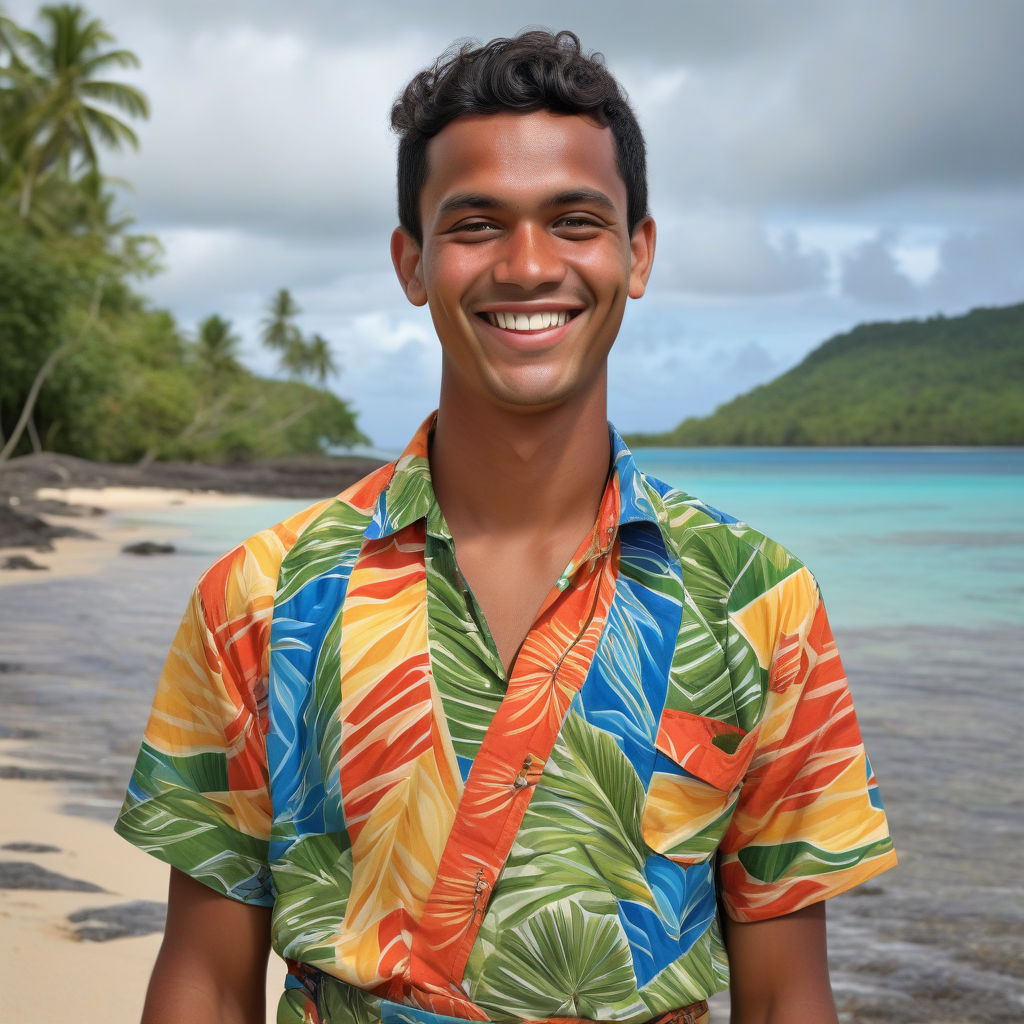 a young Wallisian man in his mid-20s from Wallis and Futuna. He has short, wavy black hair and a bright, friendly smile. His outfit reflects traditional Wallisian fashion: he is wearing a colorful, tropical shirt with island patterns, paired with a lavalava (wrap skirt) and sandals. The background features a picturesque Wallisian beach with clear blue waters and lush palm trees, capturing the essence of Wallis and Futuna culture and style.