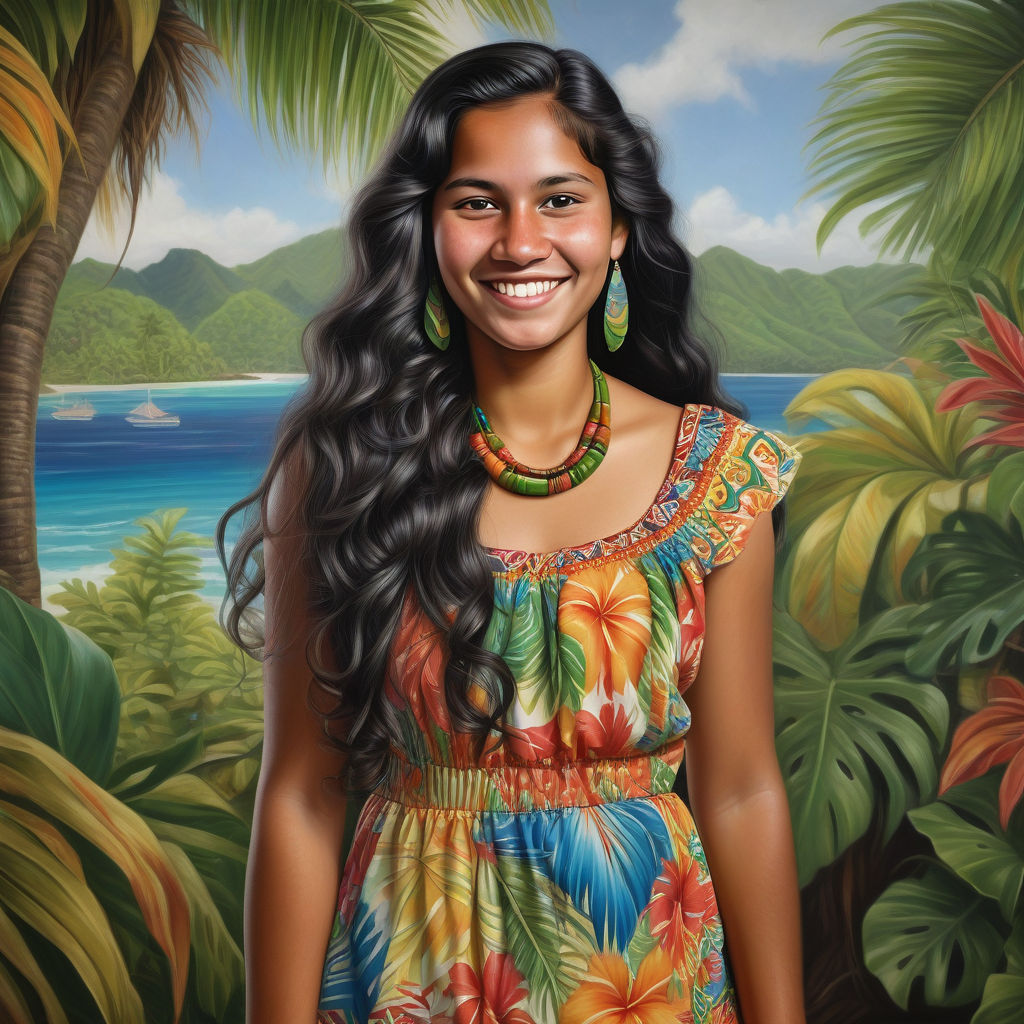 a young Wallisian woman in her mid-20s from Wallis and Futuna. She has long, wavy black hair and a warm, radiant smile. Her outfit reflects traditional Wallisian fashion: she is wearing a colorful, tropical dress with island patterns, paired with simple jewelry and sandals. The background features a beautiful Wallisian beach with clear blue waters and lush palm trees, capturing the essence of Wallis and Futuna culture and style.