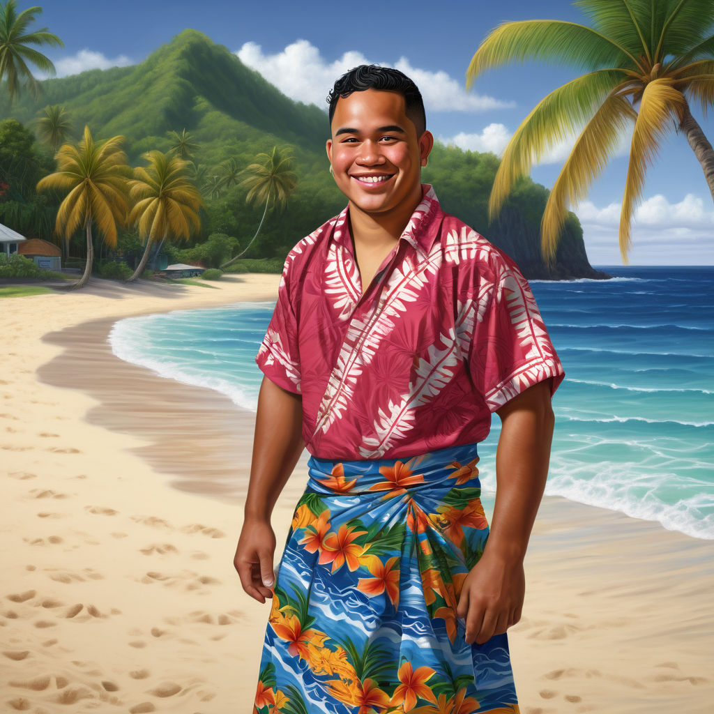 a young Samoan man in his mid-20s from Samoa. He has short, wavy black hair and a friendly, relaxed smile. His outfit reflects traditional Samoan fashion: he is wearing a brightly colored lavalava (wrap skirt) with a simple, patterned shirt, paired with sandals. The background features a picturesque Samoan beach with clear blue waters and lush palm trees, capturing the essence of Samoan culture and style.