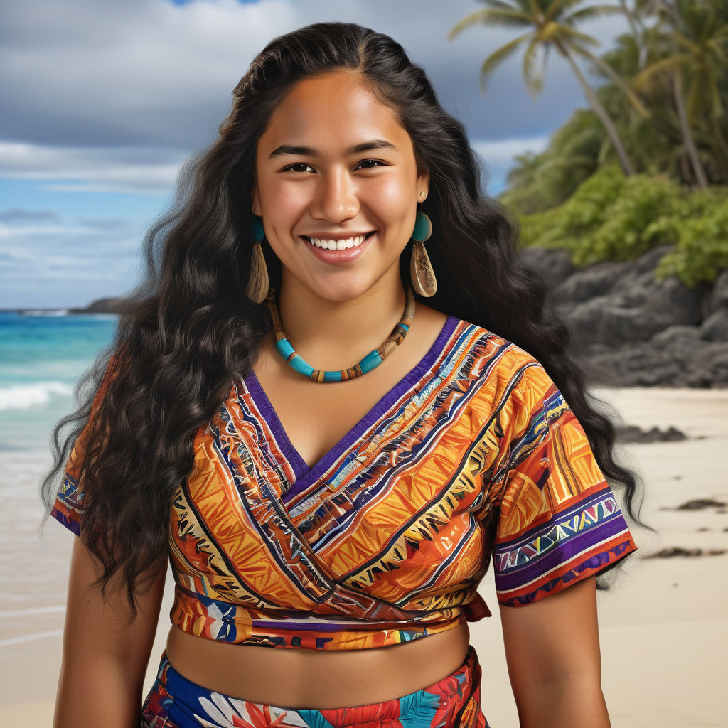 a young Samoan woman in her mid-20s from Samoa. She has long, wavy black hair and a warm, radiant smile. Her outfit reflects traditional Samoan fashion: wearing a brightly colored puletasi (matching top and wrap skirt) with intricate patterns, paired with simple jewelry. The background features a beautiful Samoan beach with clear blue waters and lush palm trees, capturing the essence of Samoan culture and style.