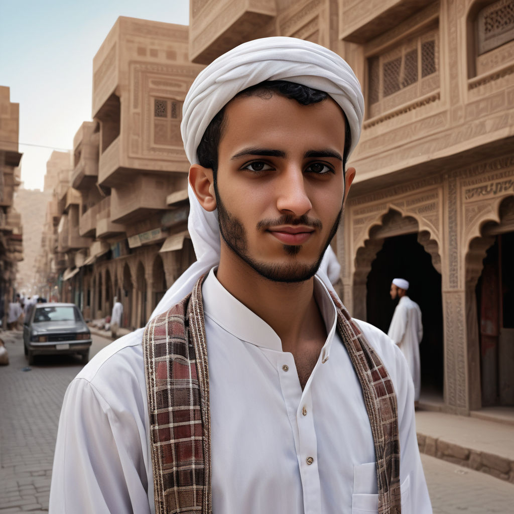 a young Yemeni man in his mid-20s. He has short, dark hair and a neatly groomed beard. His outfit reflects traditional Yemeni fashion: he is wearing a white thobe paired with a checkered headscarf and a jambiya (traditional dagger) belt. The background features a bustling Yemeni street with traditional architecture and lively markets, capturing the essence of Yemeni culture and style.