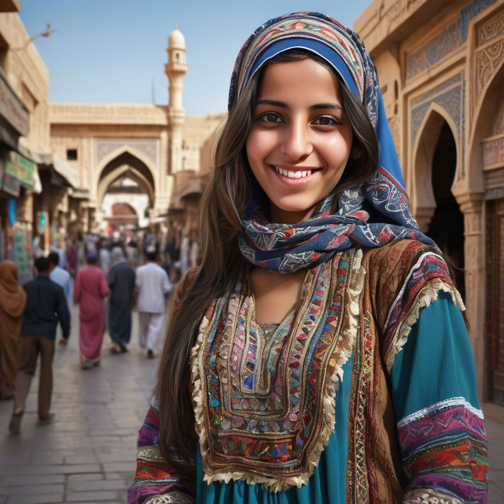 a young Yemeni woman in her mid-20s. She has long, dark hair and a warm smile. Her outfit reflects traditional Yemeni fashion: she is wearing a colorful, intricately embroidered dress paired with a matching headscarf. The background features a bustling Yemeni street with traditional architecture and lively markets, capturing the essence of Yemeni culture and style.