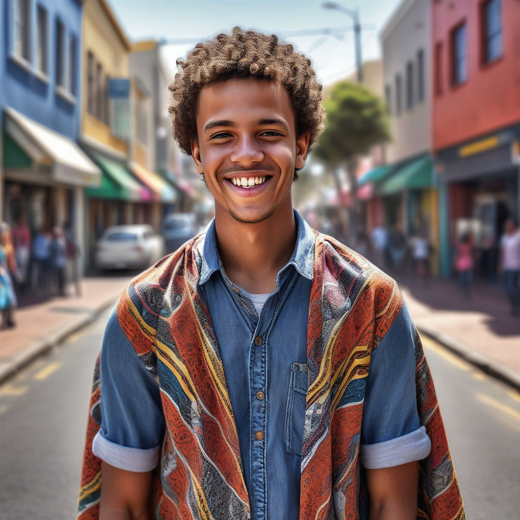 a young South African man in his mid-20s. He has short curly hair and a warm smile. His outfit reflects modern South African fashion: he is wearing a colorful patterned shirt, paired with jeans and casual sneakers. The background features a lively Cape Town street with a mix of urban and natural elements, capturing the essence of South African culture and style.