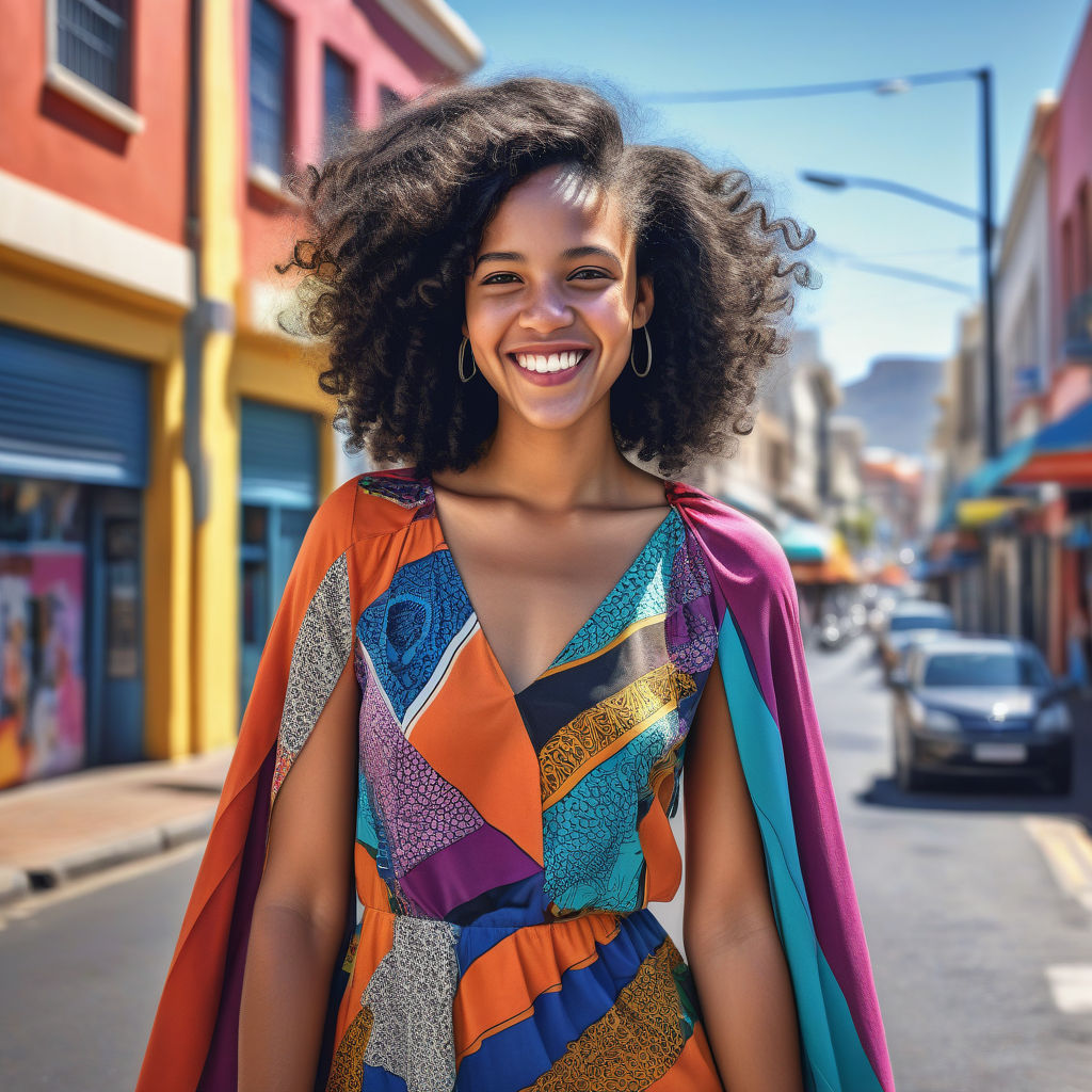 a young South African woman in her mid-20s. She has curly black hair and a bright smile. Her outfit reflects modern South African fashion: she is wearing a vibrant, patterned dress with bold colors, paired with stylish sandals. The background features a lively Cape Town street with a mix of urban and natural elements, capturing the essence of South African culture and style.